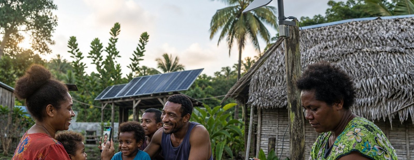 Family using Starlink and solar in a Vanuatu village